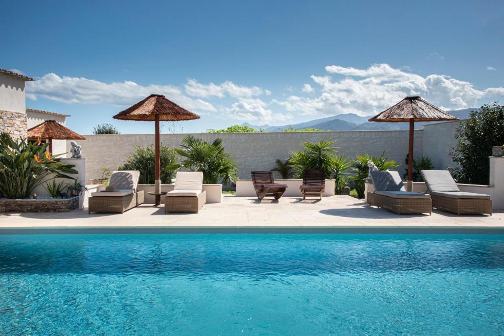 a swimming pool with chairs and umbrellas next to a pool at Chambre d’hôtes Corse Villa Anna in Vescovato