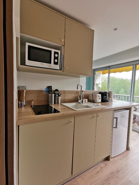 a kitchen with a sink and a microwave at Studio Sunset Biarritz in Biarritz