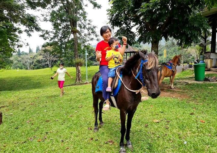 Eine Frau und ein Kind reiten auf einem Pferd in der Unterkunft Villa Ciater 3 in Cicadas