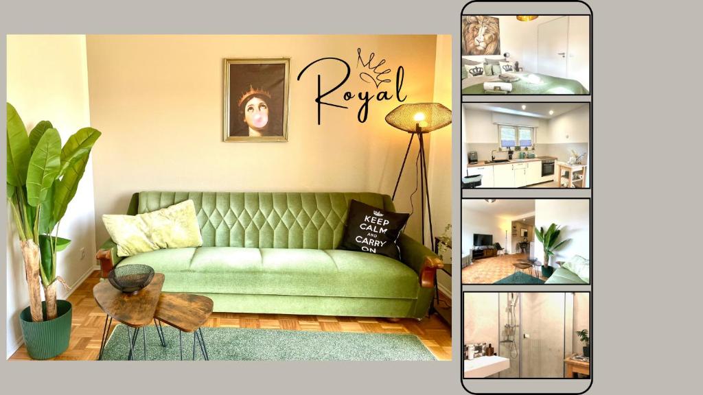 ein Wohnzimmer mit einer grünen Couch in einem Zimmer in der Unterkunft Femo - Royal Siegen Oberstadt separater Eingang - max. 4 Personen - nähe Marienkrankenhaus in Siegen