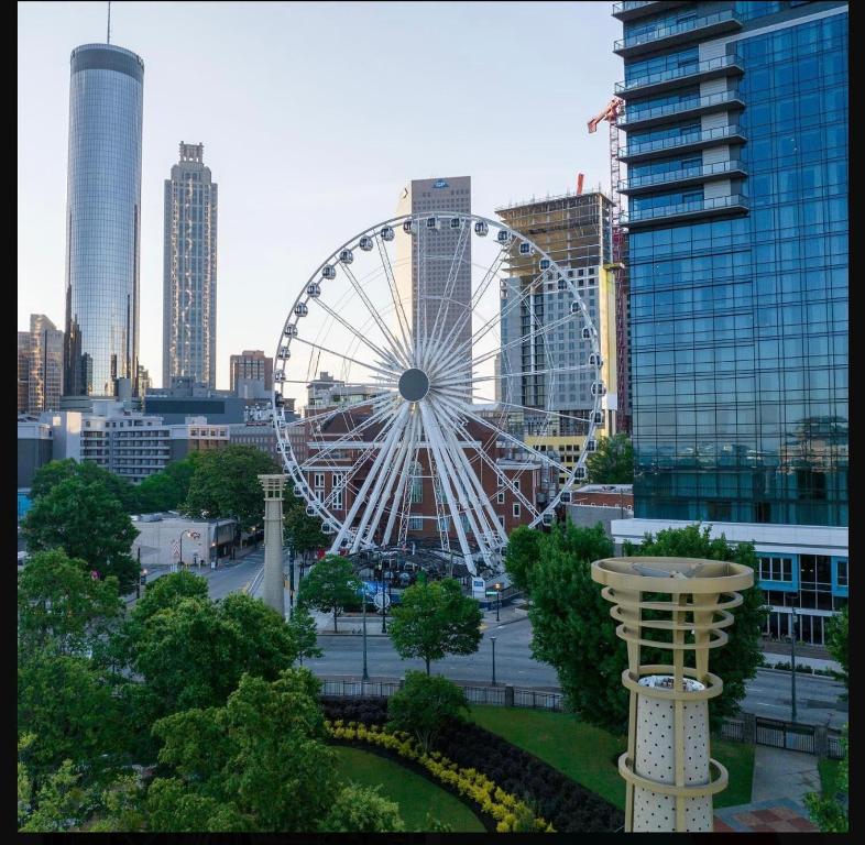 a ferris wheel in the middle of a city at Centennial Olympic Park World of Coca Cola Aquarium Ferris Wheel in Atlanta