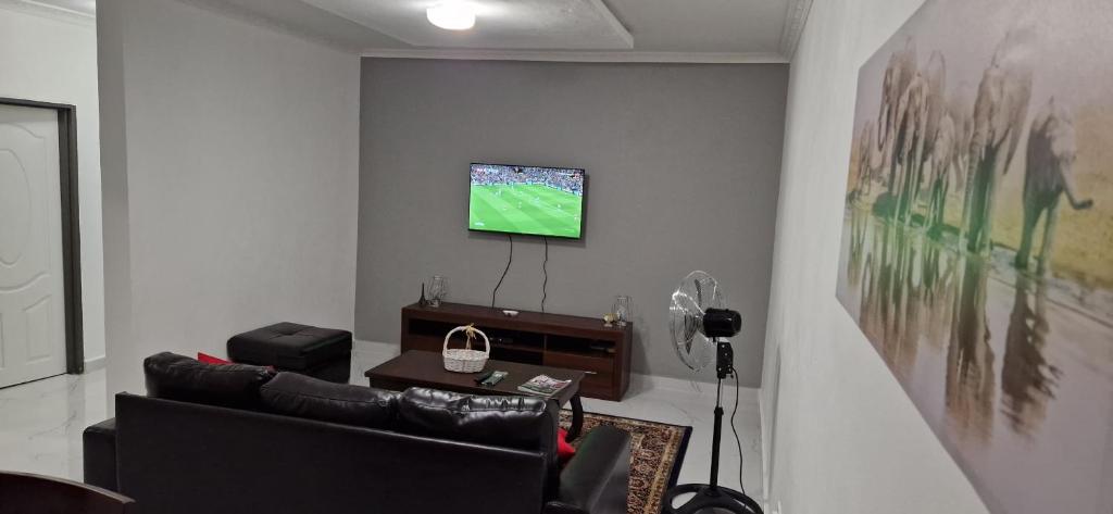 sala de estar con sofá y TV en la pared en Shalom Apartments Kalumbila, en Musele