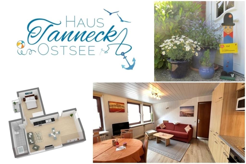 a collage of photos of a living room and a house at Haus Tanneck, Nr 6 in Kellenhusen