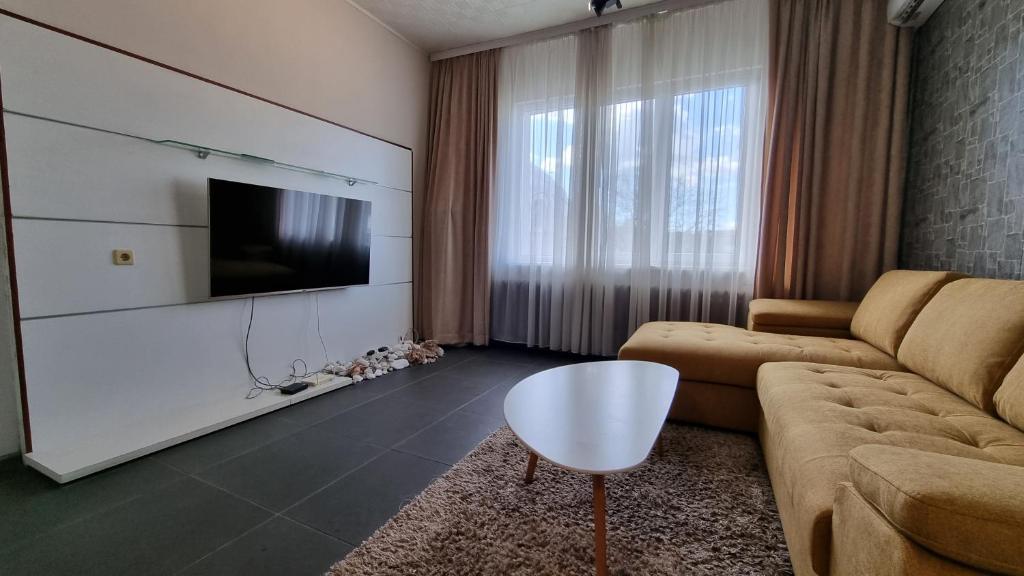 ein Wohnzimmer mit einem Sofa und einem Flachbild-TV in der Unterkunft Central Apartment in Sofia