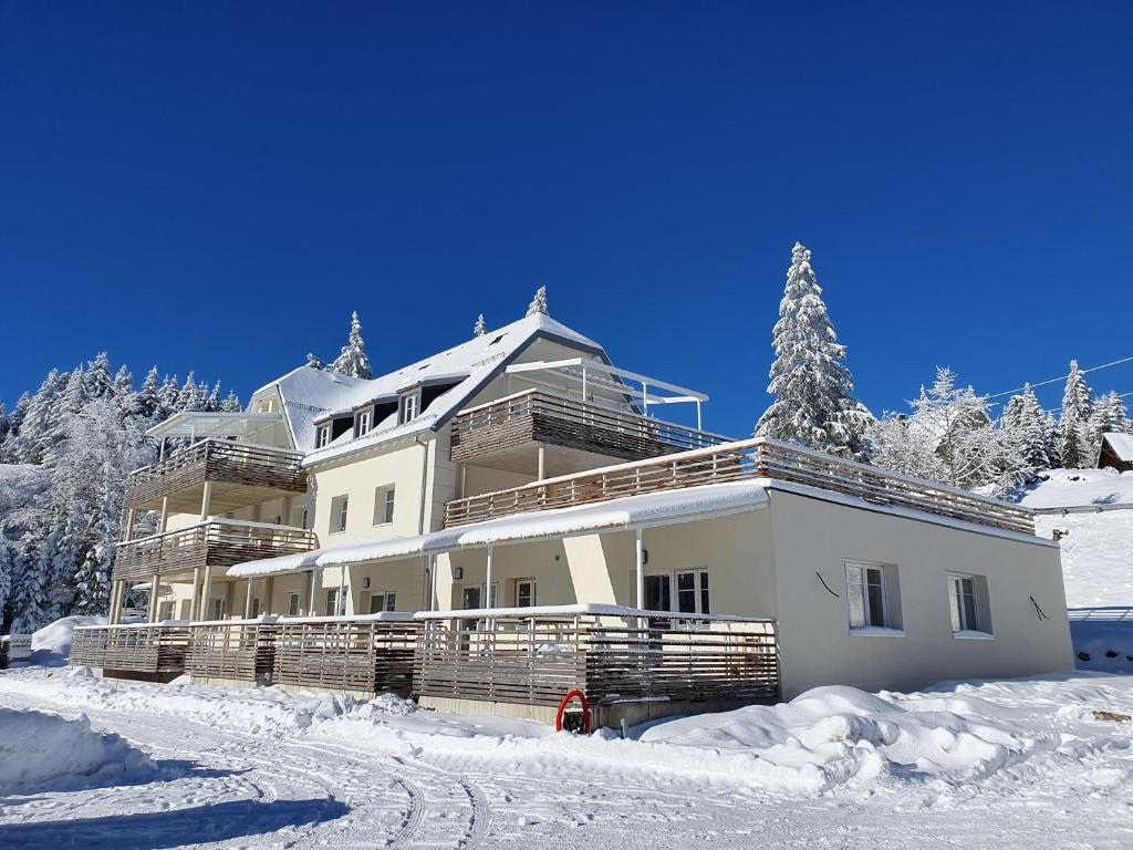 duży dom w śniegu z pokrytymi śniegiem drzewami w obiekcie Agréable 3 pièces au Lac Blanc w mieście Orbey