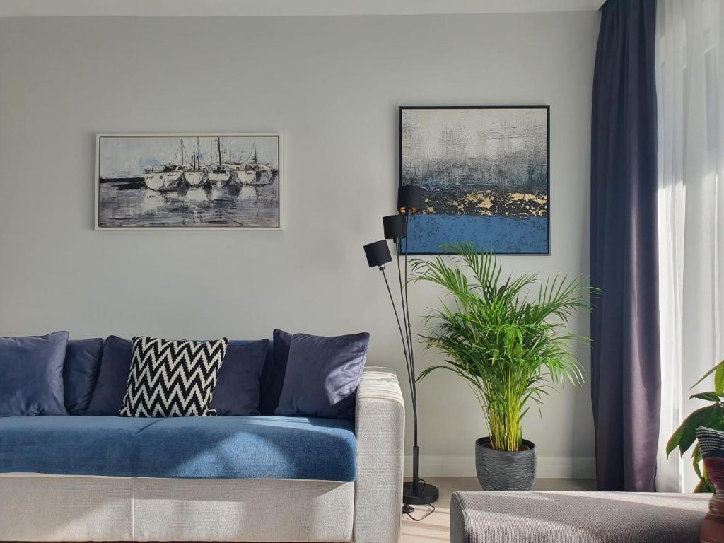 a living room with a blue couch and a plant at Tzuba Luxury Home Coresi Mall Brasov in Braşov