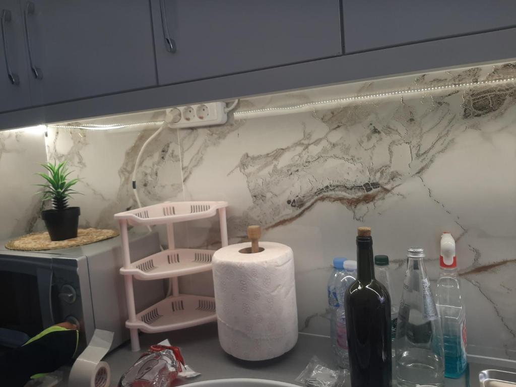 a kitchen counter with a roll of paper towels and a sink at Flat rent berat in Berat