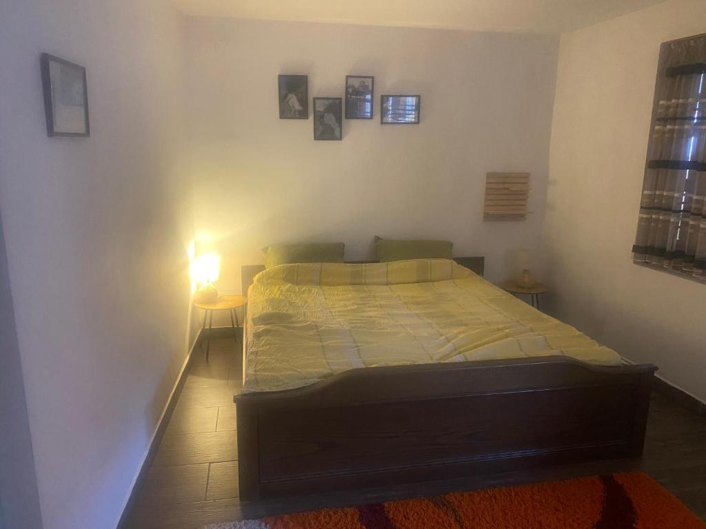 ein Schlafzimmer mit einem Bett mit einer Lampe in der Unterkunft Vila Panic in Pirot