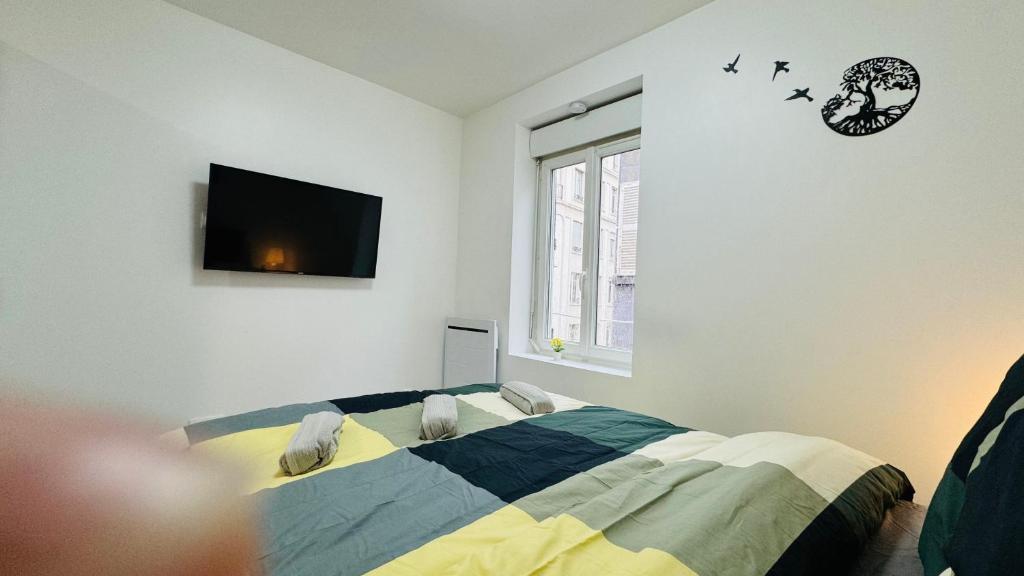 una camera da letto con un letto e una TV a parete di Nid Confort - 2 pas à la place de Jaude a Clermont-Ferrand