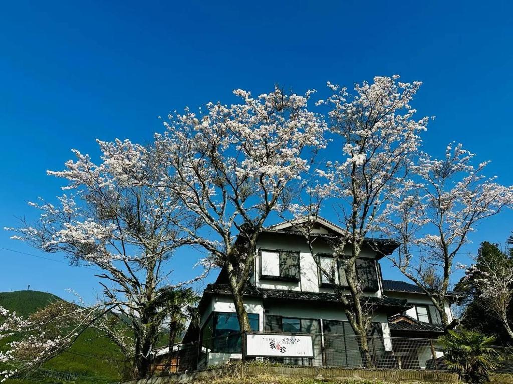 ein Haus mit zwei Bäumen davor in der Unterkunft 湯布院我楽珍民泊Yufuin Garakuchin in Yufu