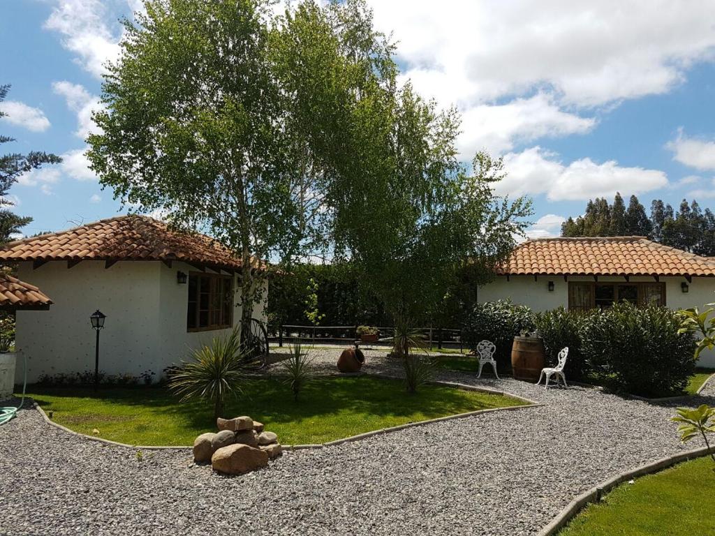 un patio con una casa con un árbol y sillas en Lodge Tierra y Vino, en Santa Cruz