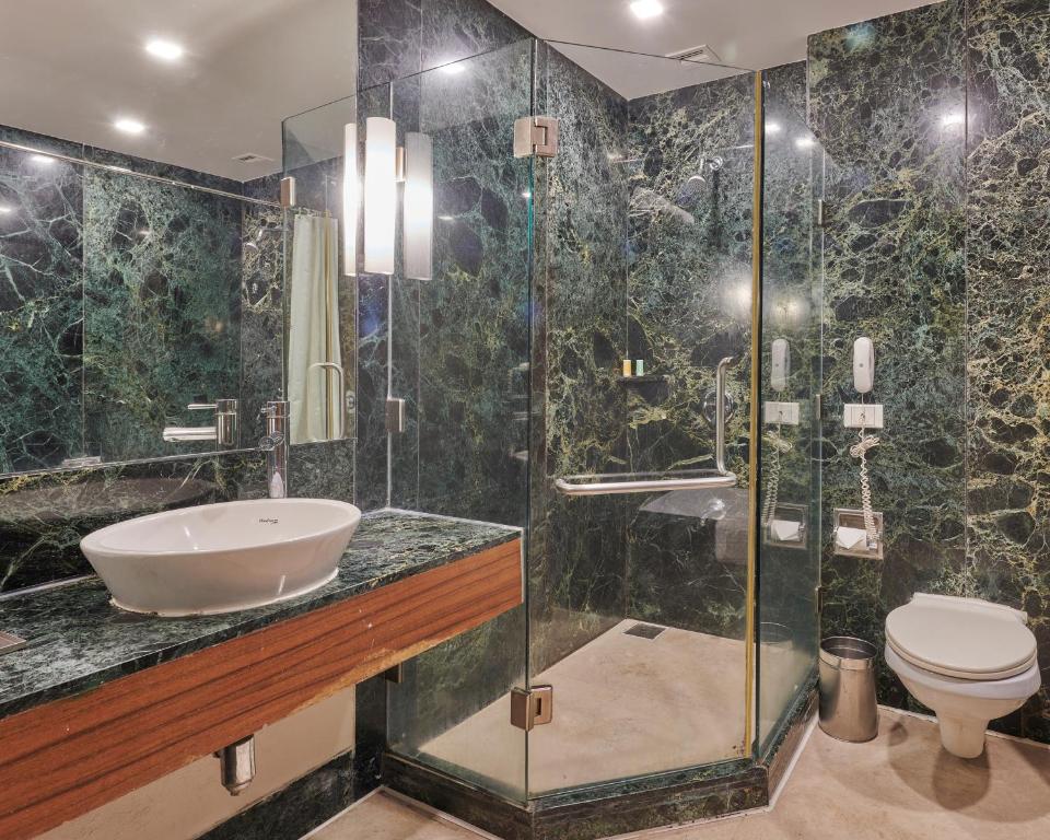 a bathroom with a shower and a sink and a toilet at Hotel Studio Estique in Pune