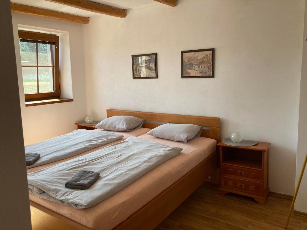 um quarto com uma cama e uma janela em Sklípek na Větřáku em Cejkovice