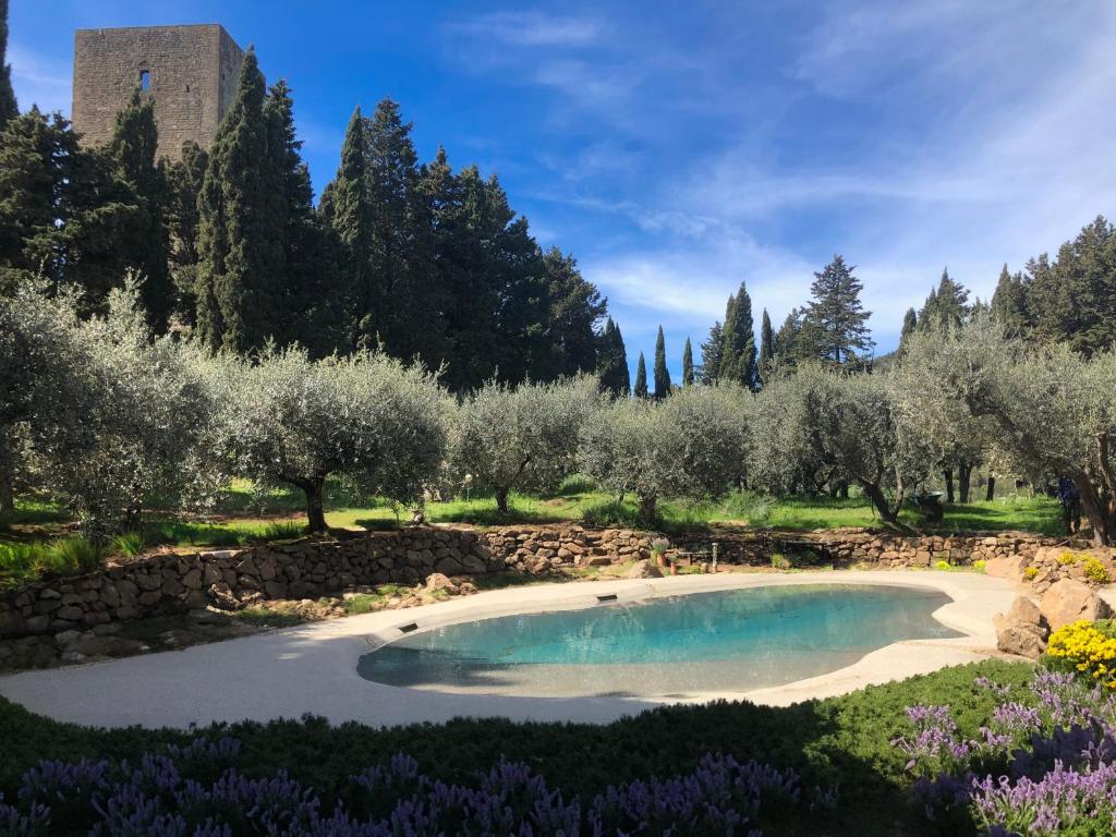 een zwembad in een tuin met bomen en bloemen bij Torre dei Belforti in Montecatini Val di Cecina