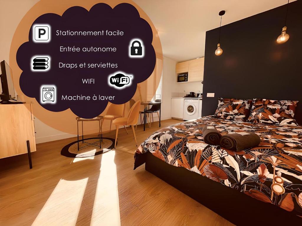a bedroom with a bed and a sign that says apartment furniture at Le Deep Blue - Centre historique - Wifi et TV connectée - Stationnement aisé in Niort