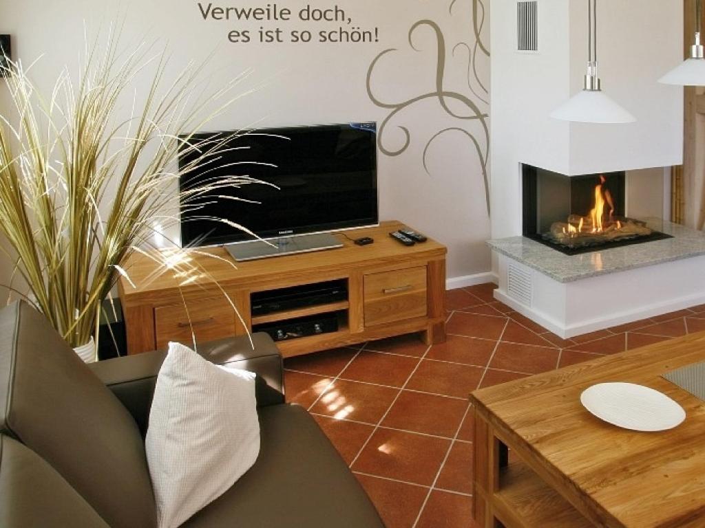 ein Wohnzimmer mit einem TV und einem Kamin in der Unterkunft Scanhausvilla in Wustrow