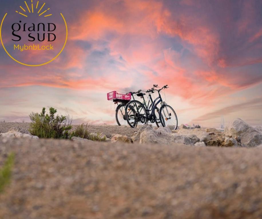 two bikes parked on the sand under a sunset at Les Pieds dans le Sable in Le Grau-du-Roi