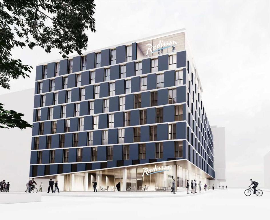 a rendering of a hotel building with people walking in front at Radisson Hotel Graz in Graz