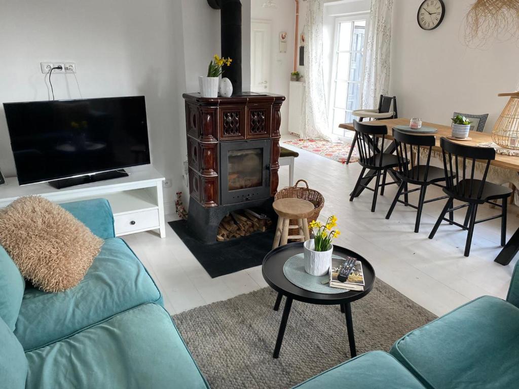 a living room with a blue couch and a fireplace at chalupa Dřemčice -České středohoří in Litoměřice