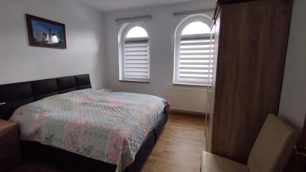 ein Schlafzimmer mit einem Bett und zwei Fenstern in der Unterkunft Ferienwohnung am Hörselufer in Eisenach