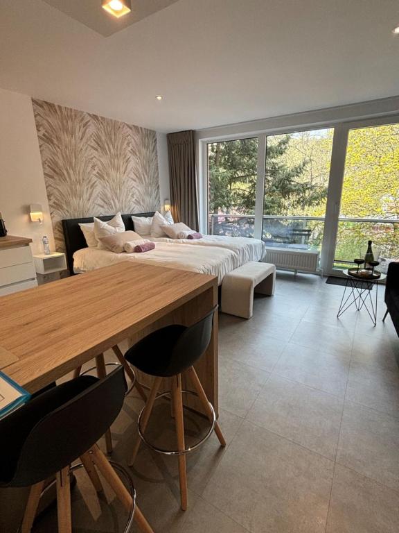 a large bedroom with a bed and a table and chairs at Studio de l'Avenue in Spa