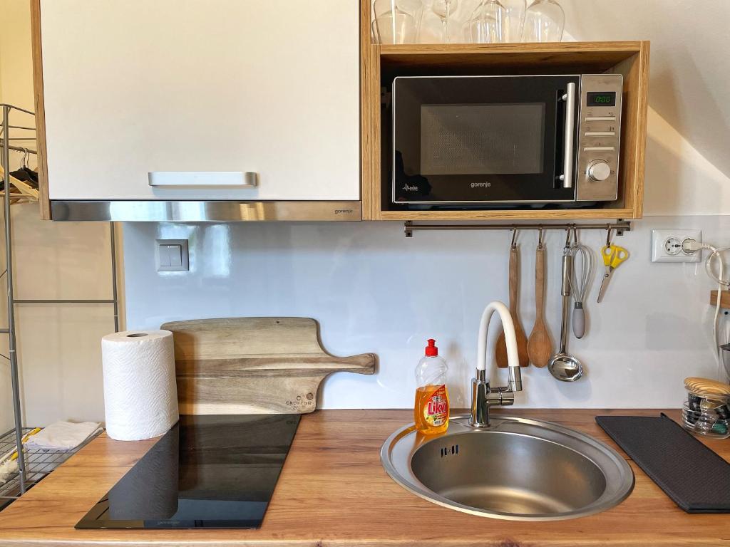 a kitchen counter with a sink and a microwave at Guest house Ivica i Marica in heart of the national park Plitvička jezera in Plitvica selo