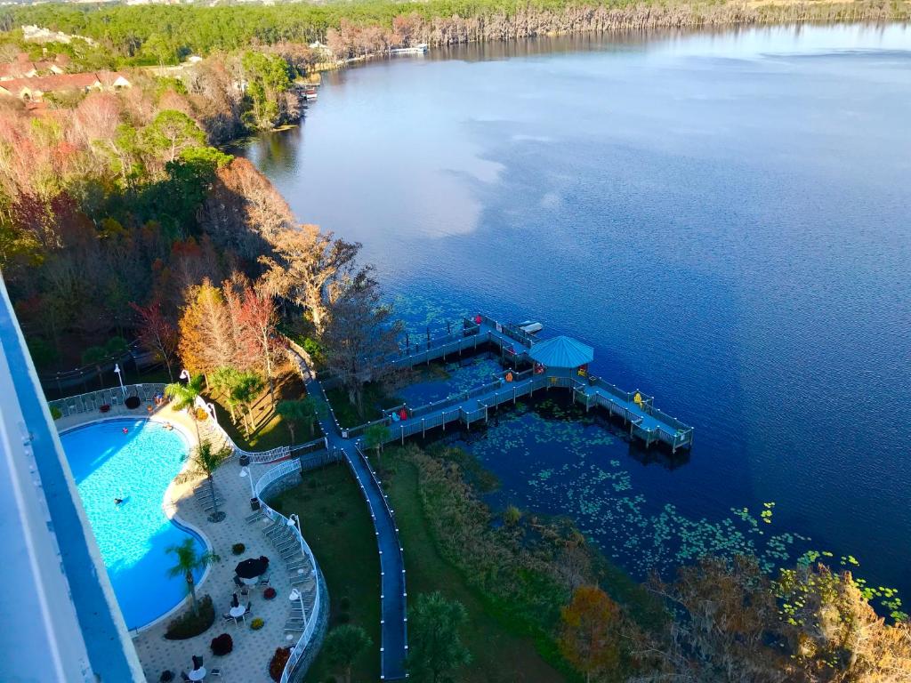 an aerial view of a resort on a lake at Blue Heron Beach Resort in Orlando