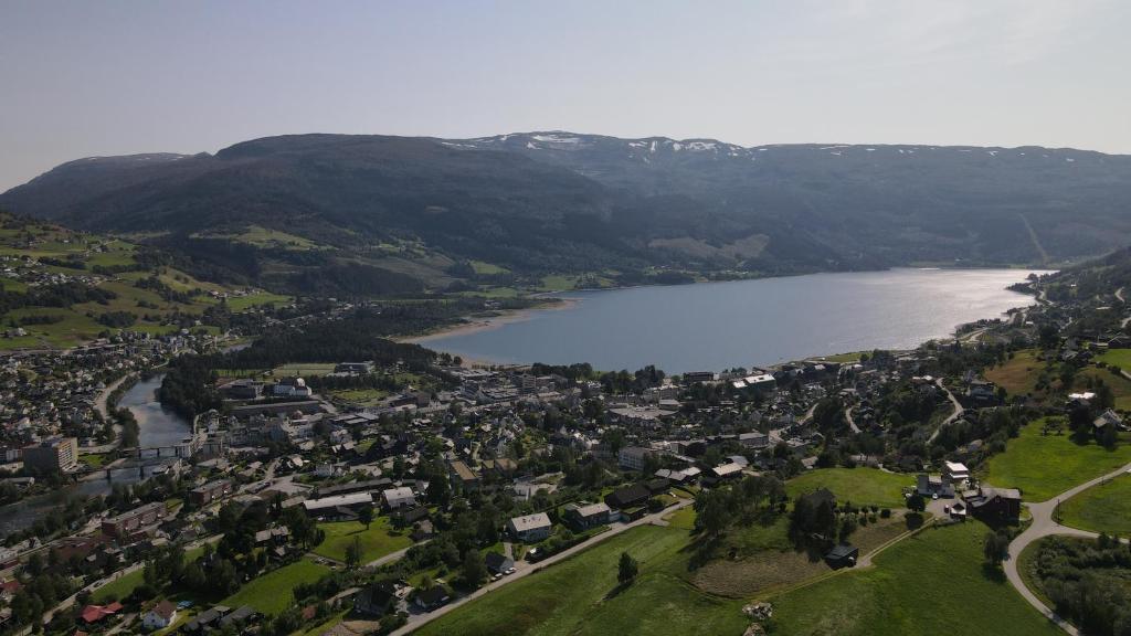 an aerial view of a town next to a lake at Store Ringheim Apartment - Villa Solberg in Vossevangen