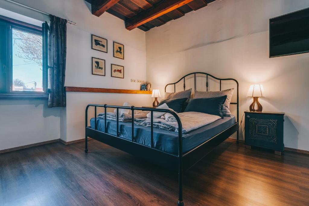 een slaapkamer met een bed en een televisie in een kamer bij Feher Barany Apartment in Szigliget