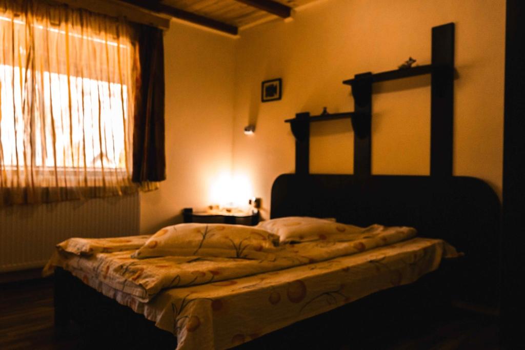 a bedroom with a bed with a lamp on it at Pensiunea Casa Soarelui in Podu Dîmboviţei