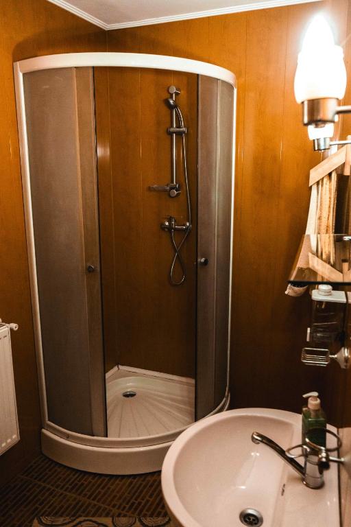 a shower in a bathroom with a sink at Pensiunea Casa Soarelui in Podu Dîmboviţei