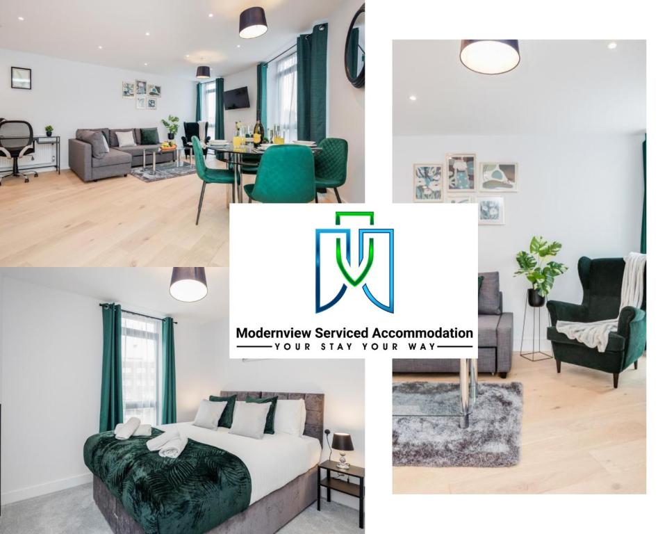 een collage van foto's van een slaapkamer en een woonkamer bij Watford Cassio Luxury - Modernview Serviced Accommodation in Watford