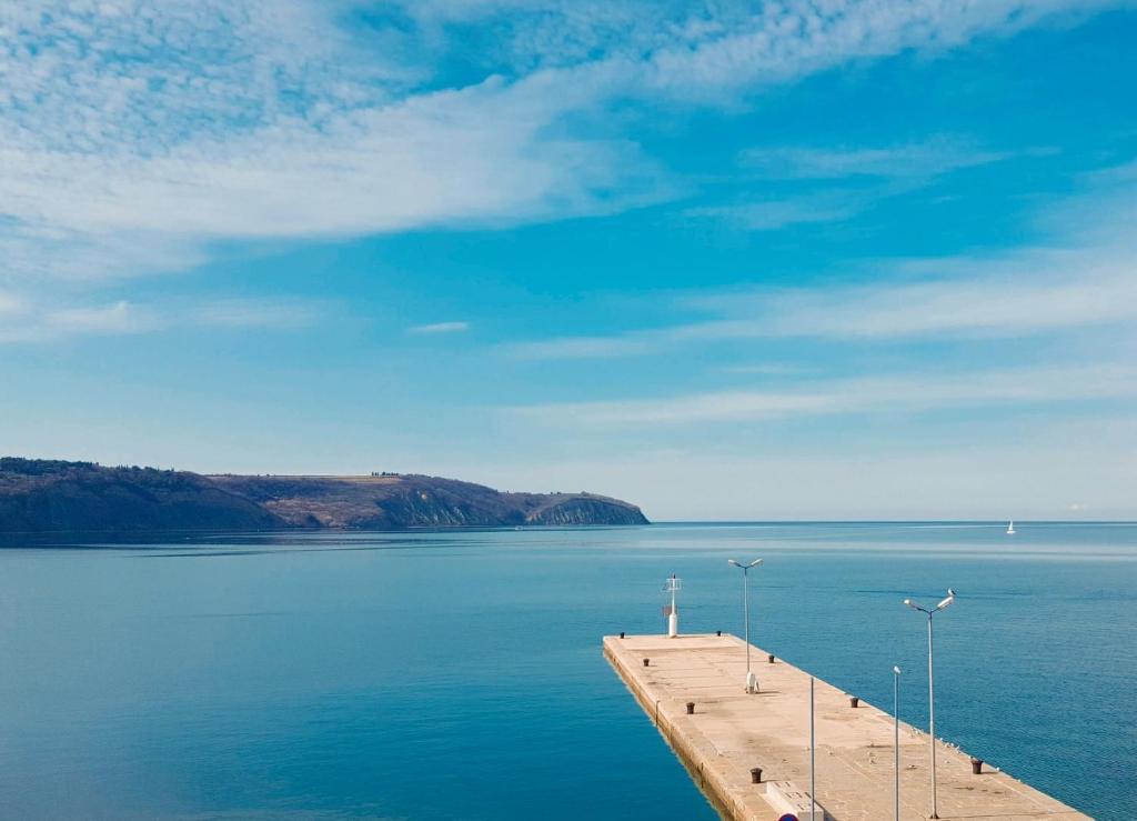 a dock on a body of water with mountains in the background at Hotel Marina in Izola