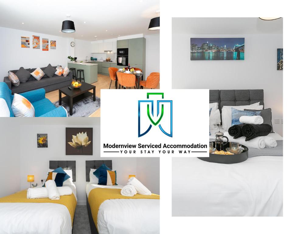 un collage de fotos de una habitación de hotel en Watford Cassio Supreme - Modernview Serviced Accommodation en Watford