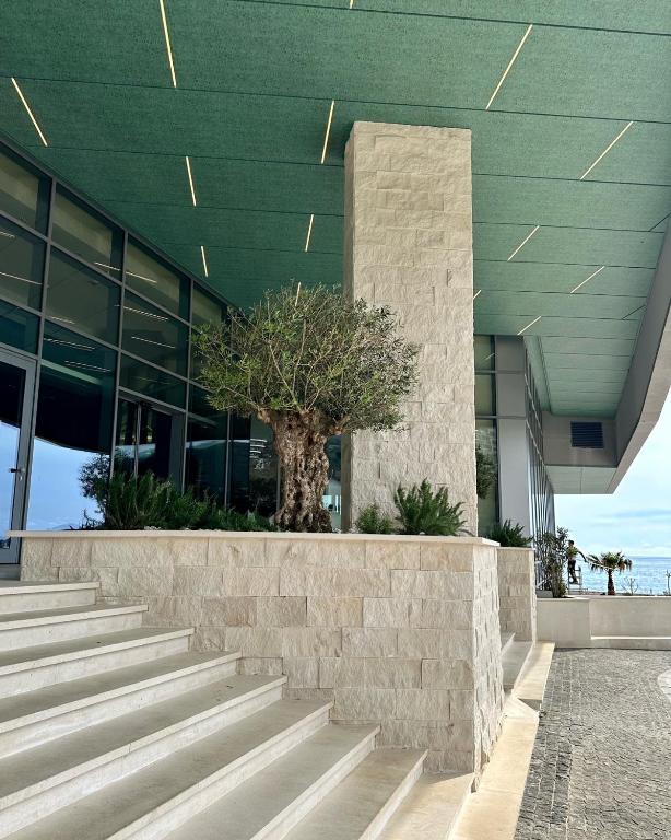 a tree in front of a building with stairs at Sea Star Budva in Budva