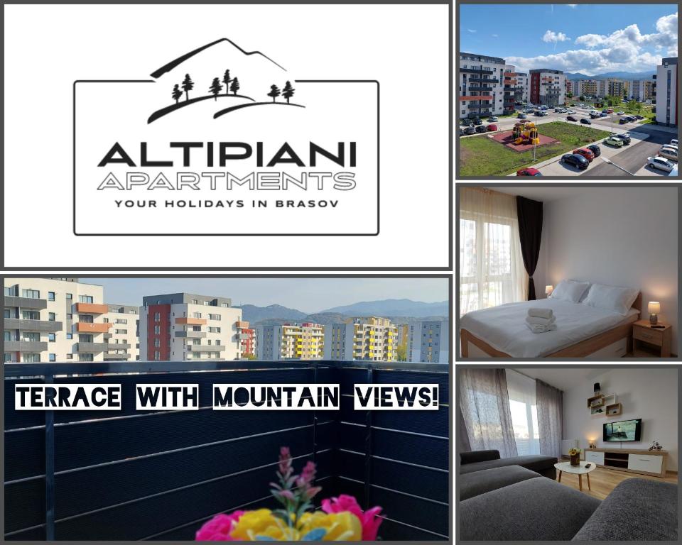 uma colagem de fotos de uma cidade com um hotel em Apartment Altipiani Panoramic Silver em Braşov