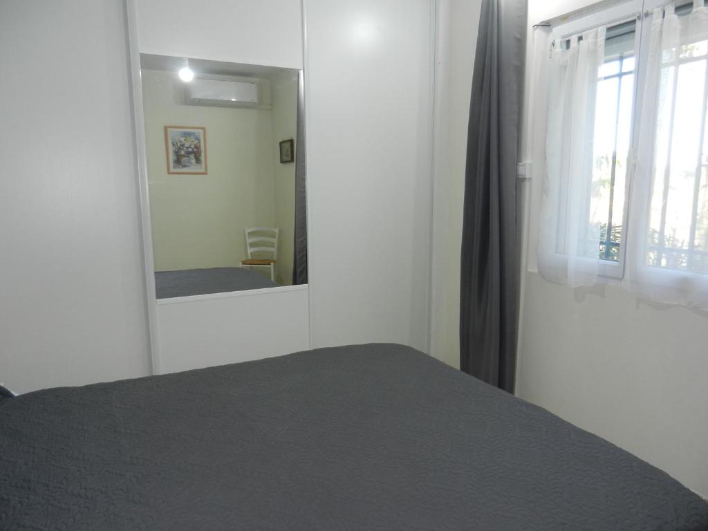 a bedroom with a bed and a large mirror at L&#39;Oliveraie in Draguignan