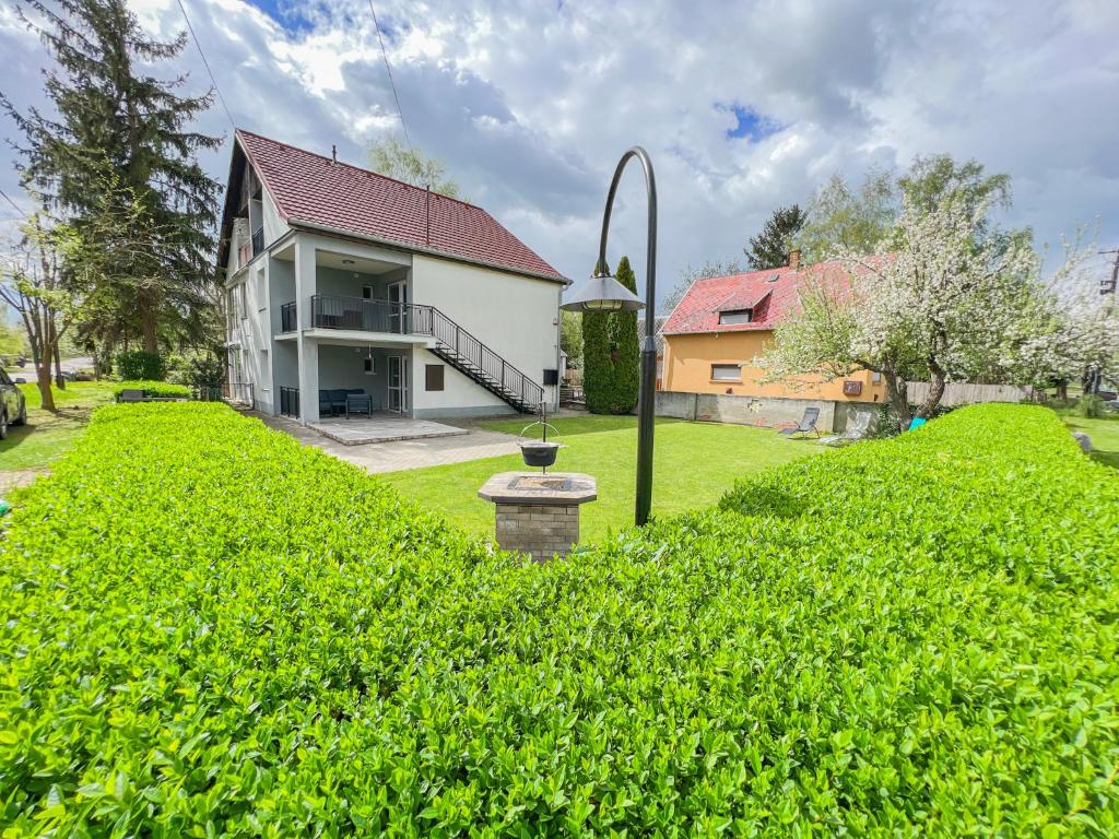 una casa con un patio con arbustos verdes en MIHI APARTMAN, en Balatonvilágos