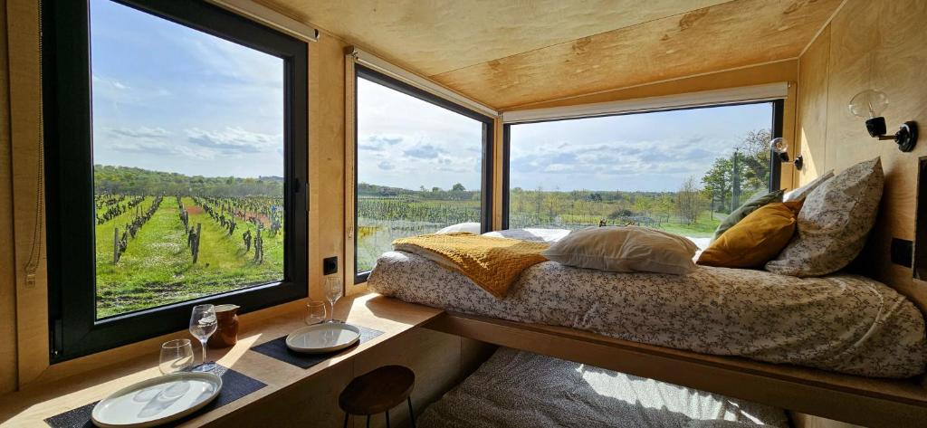 a bedroom with a bed and a large window with a view at Tiny House au milieu des Vignes in Arbis