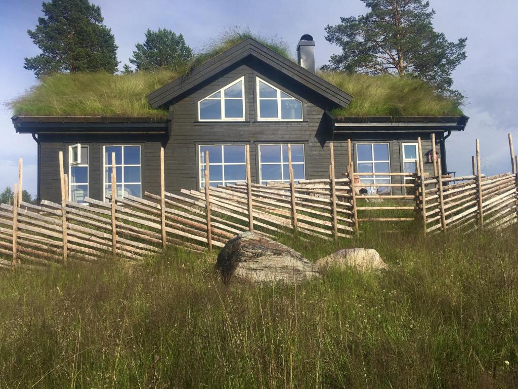 a house with a grass roof on top of it at New and cozy family cabin on Golsfjellet in Golsfjellet