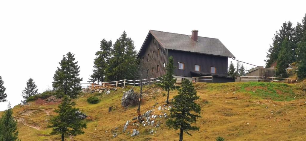 ein Haus auf einem Hügel mit Bäumen in der Unterkunft Črnuški dom na Mali planini in Krivčevo