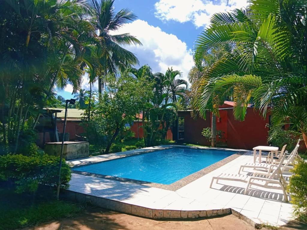 a swimming pool in a yard with palm trees at Bungalow chez Mouch Nosy-Be 4 in Nosy Be