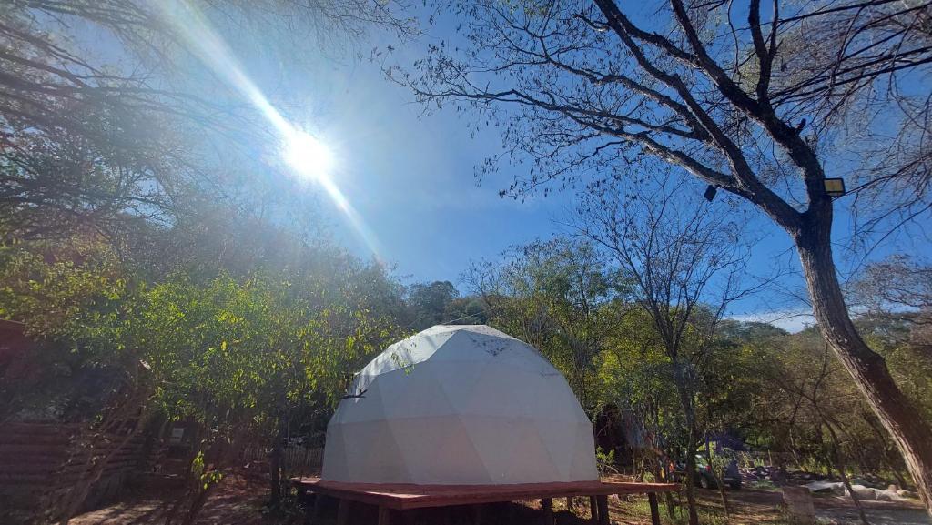 une tente en forme de dôme blanc au milieu d'une forêt dans l'établissement El Paraíso Ecolodge, à Coronel Moldes