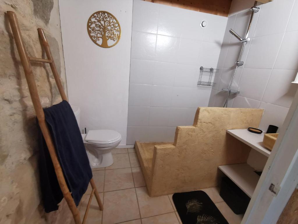 łazienka ze schodami i toaletą w obiekcie Les gîtes de la nouvelle vie w mieście Agnac