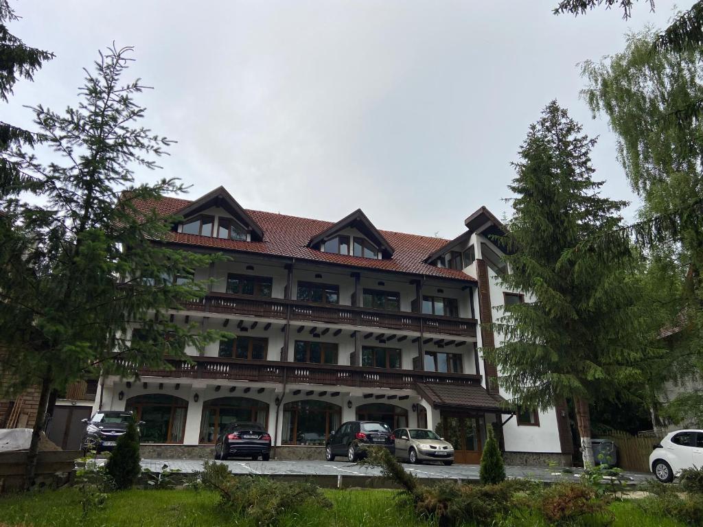duży budynek z samochodami zaparkowanymi przed nim w obiekcie Chalet Wiese w mieście Poiana Brașov