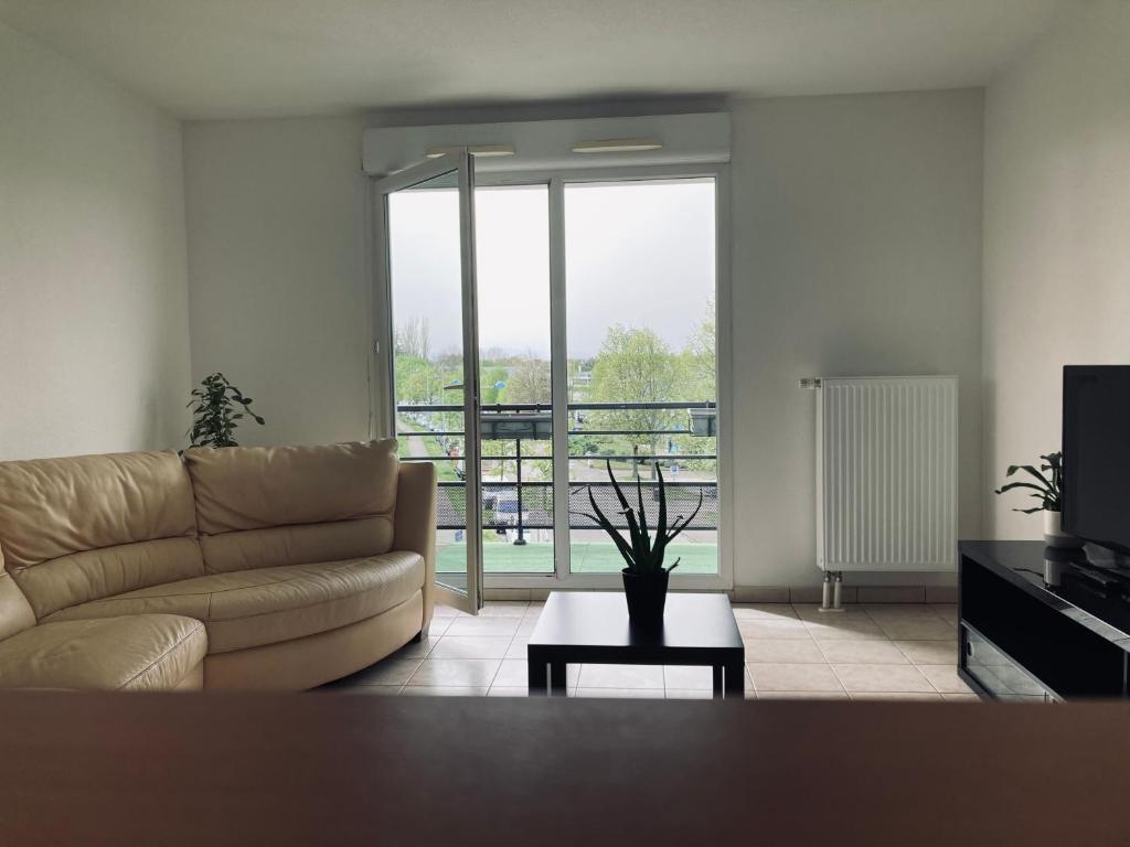 ein Wohnzimmer mit einem Sofa und einem großen Fenster in der Unterkunft T3 Strasbourg zénith in Straßburg