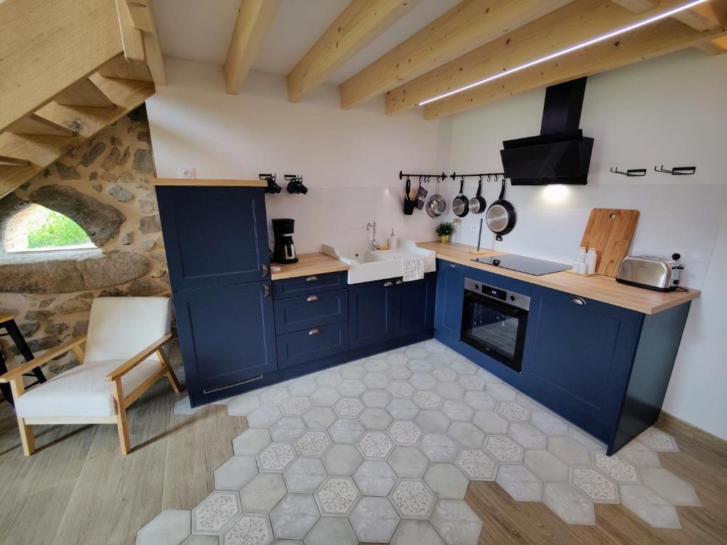 una cocina con armarios azules y fregadero en Le Tilleul et spa, en Bully