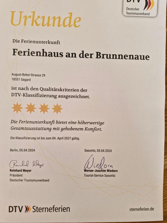 Sertifikāts, apbalvojums, norāde vai cits dokuments, kas ir izstādīts apskatei naktsmītnē Ferienhaus an der Brunnenaue 4 Sterne zertifiziert kostenlos Wlan & Netflix