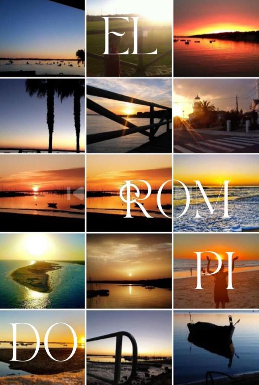 a collage of photos of the sunset and the ocean at Playa Rompido in Huelva