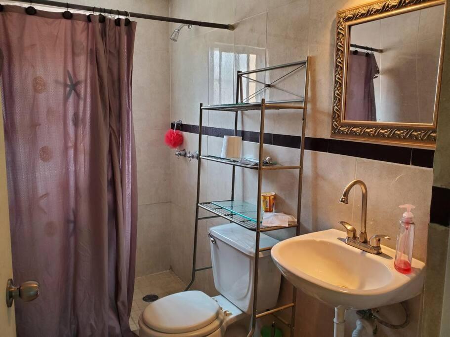 a bathroom with a toilet and a sink and a mirror at Condominio 15, casa 3 Joyas de Ixtapa in Ixtapa